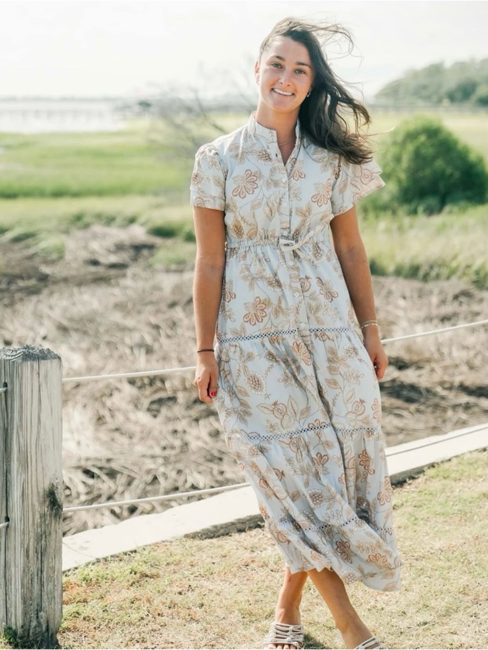 NWT Victoria Dunn Floral Puff Sleeve Collared Maxi Dress